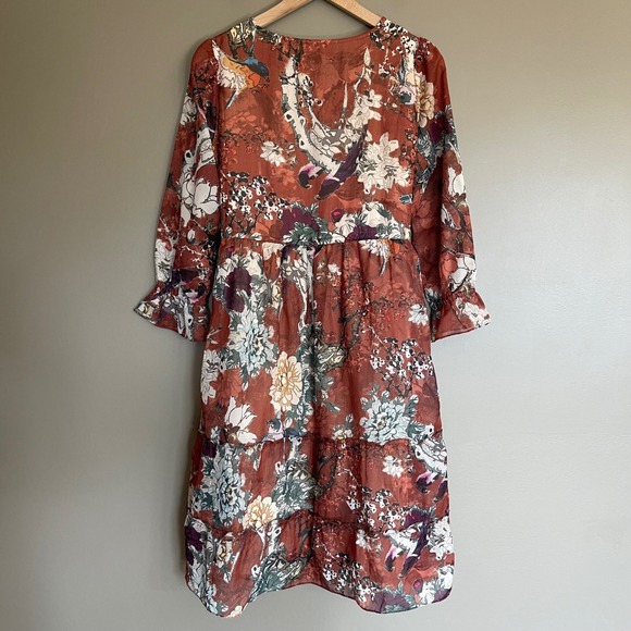 HEMANT & NANDITA Floral Print Midi Dress Tiered Boho Long Sleeve Rust Red Size 2 - Picture 13 of 16